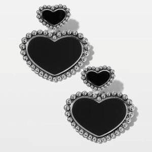 Lagos Maya Double Heart Onyx 925 Sterling Silver Earrings 14K Gold Posts Caviar